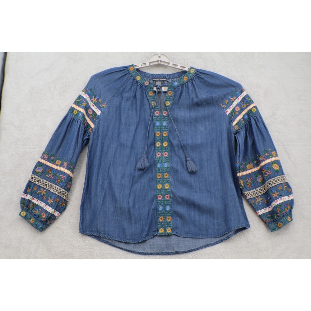 Chelsea & Theodore Blouse Womens S Blue Tencel Embroidered Boho Peasant Top